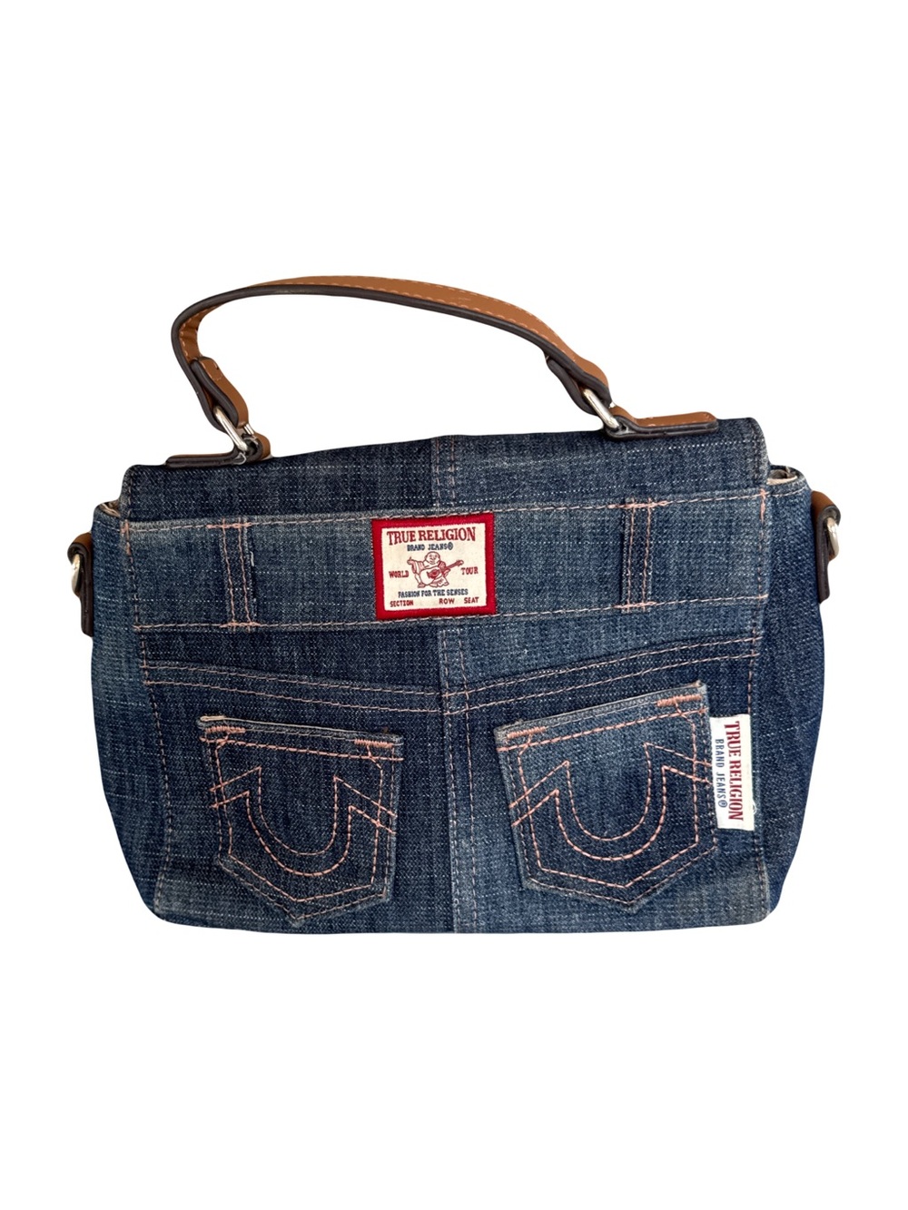 True Religion Blue Denim Crossbody Bag with Tan Handle